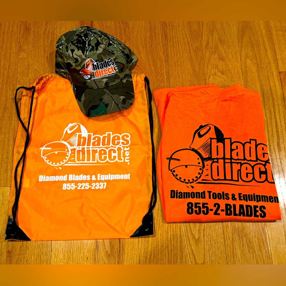 Blades Direct (3) Set with Camo Cap,Long Sleeve Tee size Medium, string bag.
